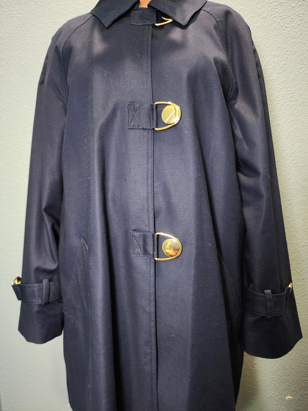 Jones New York Navy Trench Coat with Gold Toggle Details